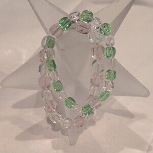 Elegant Green and Pink Pastel Beaded Stretch Bracelet Set